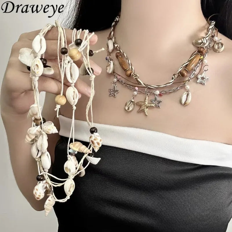 Draweye Shell Necklaces for Women Beach Style Vintage Multilayered Boho Jewelry Fashion Elegant Versatile Collares Para Mujer