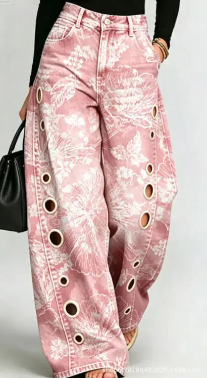 Printed Wide-Leg Pants with Circular Patterns High-Waisted Flowy Denim Trousers Rumanglobalcraft