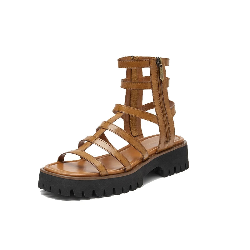 BeauToday Gladiator Sandals Women Genuine Leather Round Toe Ankle Metal Buckle Platform Summer Ladies Shoes Handmade 38215