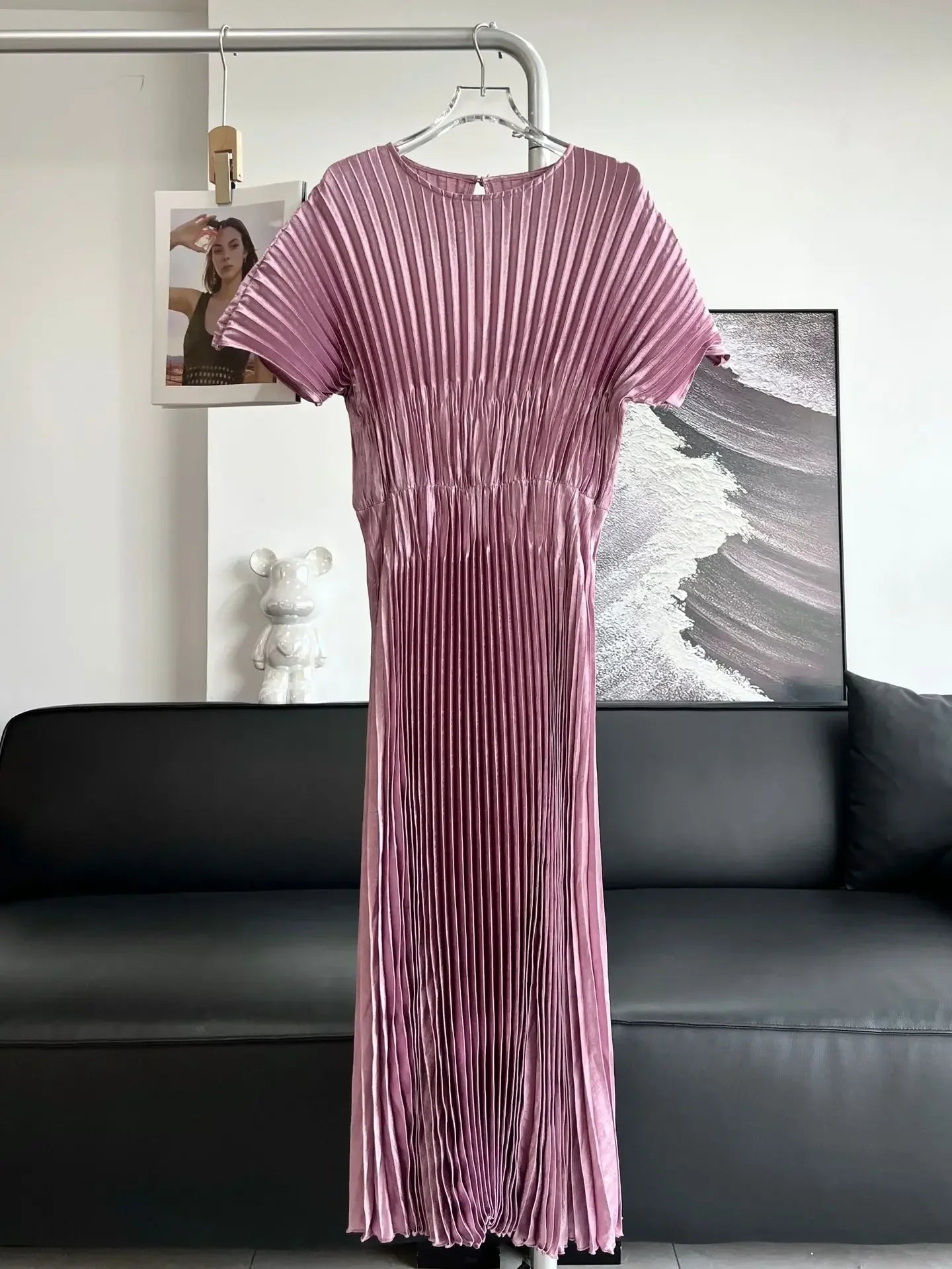 Miyake Pleated Butterfly Sleeves Solid Color Elegant Slim Dress Women's Print Long Dress Beautiful Long Dresses 2024 Summer New