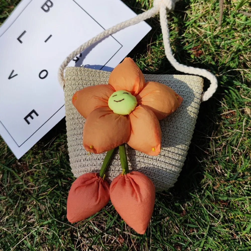 Mini Handmade Straw Crossbody Bags Summer Shoulder Messenger Handbag Baby Lovely Flower Kids Keys Coin Purse Bags for Children