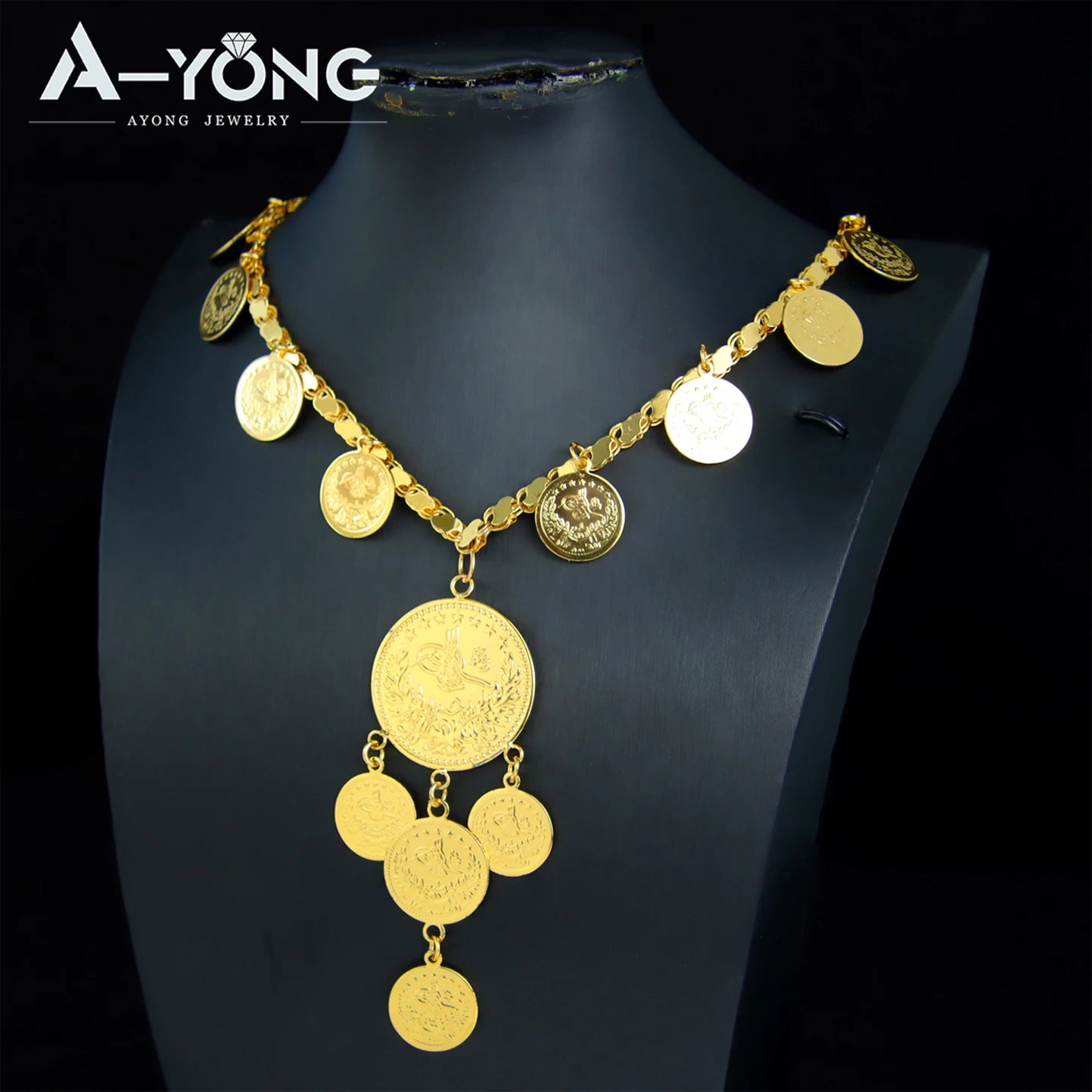 Delicate Algeria Wedding Long Necklace 21k Gold Plated Turkish Coins Charm Chokers Arabic Islamic Women Bridal Vintage Jewelry