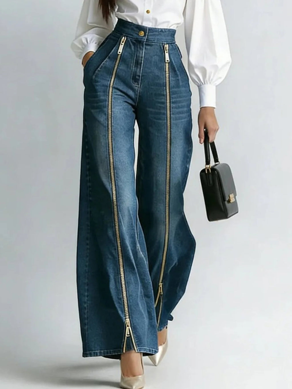 Women Denim Jeans High Waist Wide Leg Double Zipper Spliced Split Hem Vintage Streetwear Chic Autumn 2026