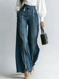 Women Denim Jeans High Waist Wide Leg Double Zipper Spliced Split Hem Vintage Streetwear Chic Autumn 2026