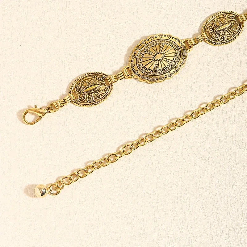 Retro style women's metal waist chain accessories Decorative circle carved chain belt high style accessories