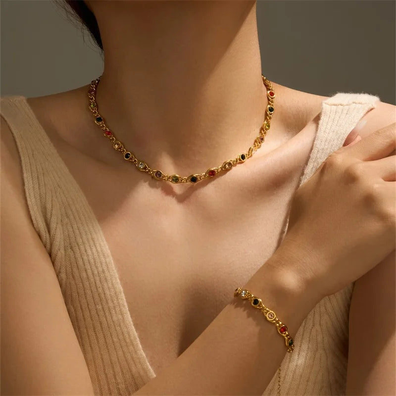EILIECK 316L Stainless Steel Metal Colored Zircon Chain Necklace Bracelet Set For Women Fashion Statement Waterproof Jewelry (Copy)