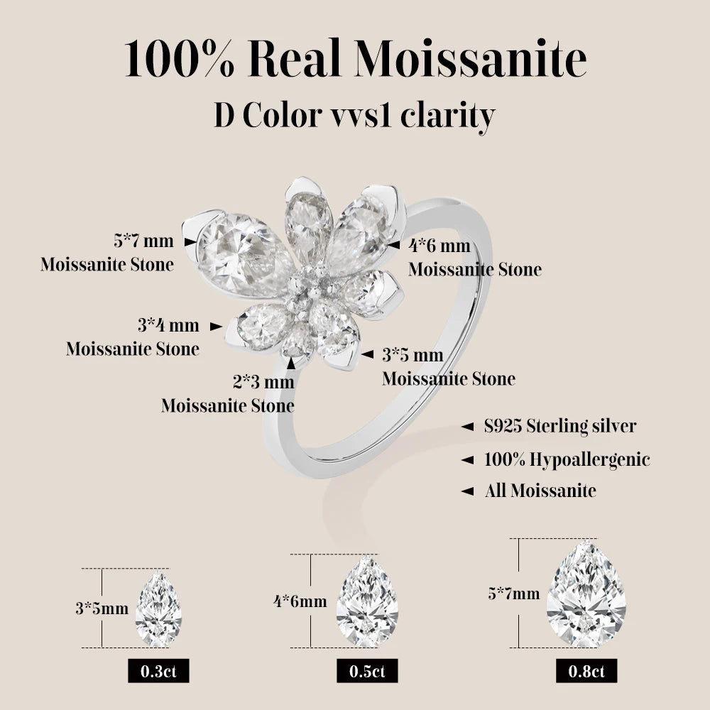ATTAGEMS 925 Sterling Silver Luxury Women Ring Flowers D VVS1 Moissanite Pear-cut Engagement Band Anniversary Gift Fine Jewelry
