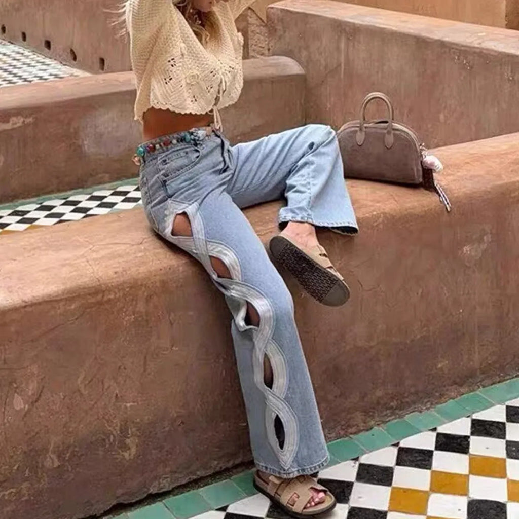 Women's Fashion High Waist Straight Leg Jeans Hollow out Design Summer 2026 Denim Pants Trendy Ladies Premium Standard Fit