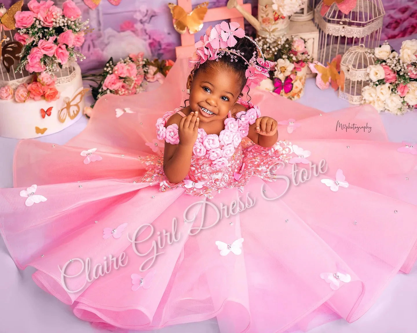 Customized Pink Flower Girl Dresses For Wedding Appliques Butterflies Pearls Cute Kids Birthday Party First Communion Gown.