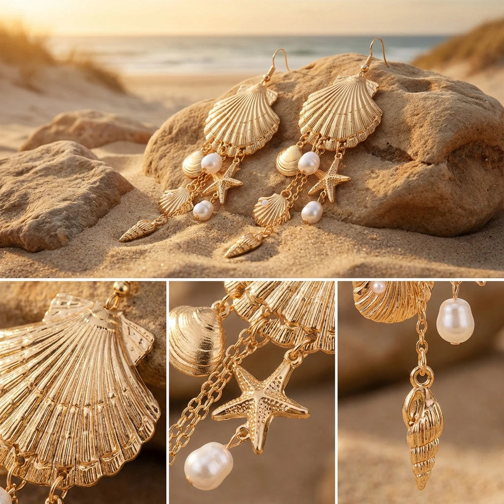 Mermaidcore Large Statement Earrings for Women Gold Color Shell Imitation Pearl Tassel Drop Boho Festival Beach Summer Jewelry Rumanglobalcraft