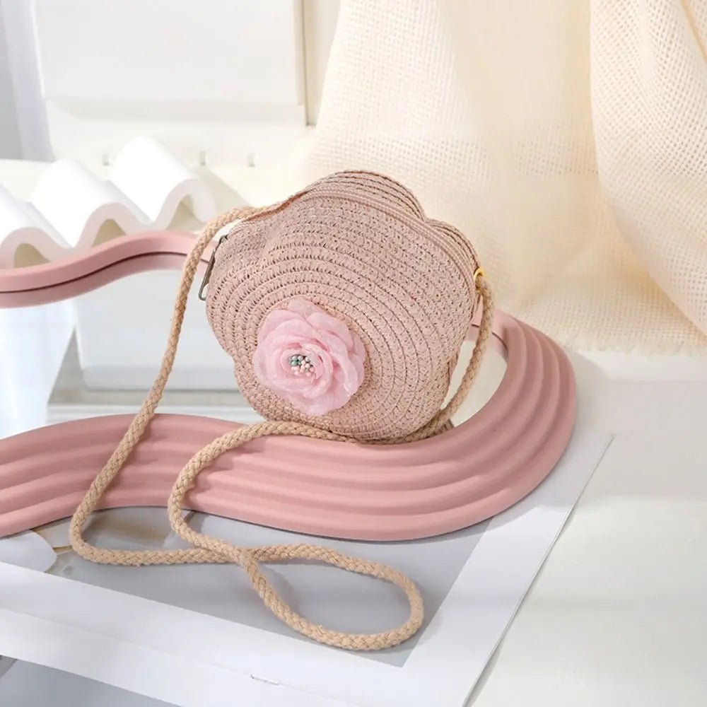 Durable Straw Crossbody Bag Flower Small Coin Purse Handbag Girls Kids