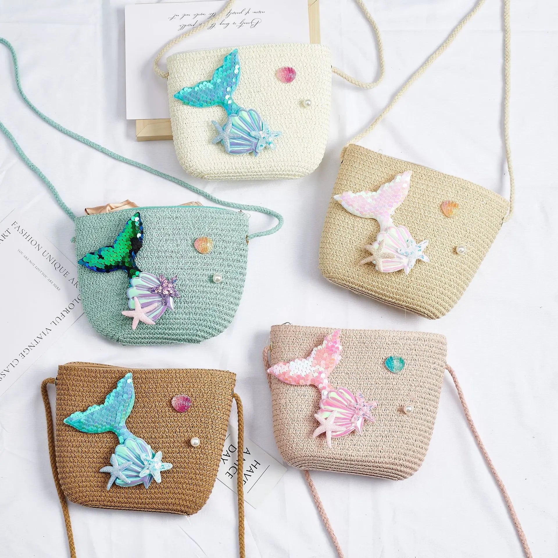 Cartoon Ocean Summer Children's Shoulder Bag Beach Straw Baby Kids Small Crossbody Bags Girls Princess Change Purse Handbags