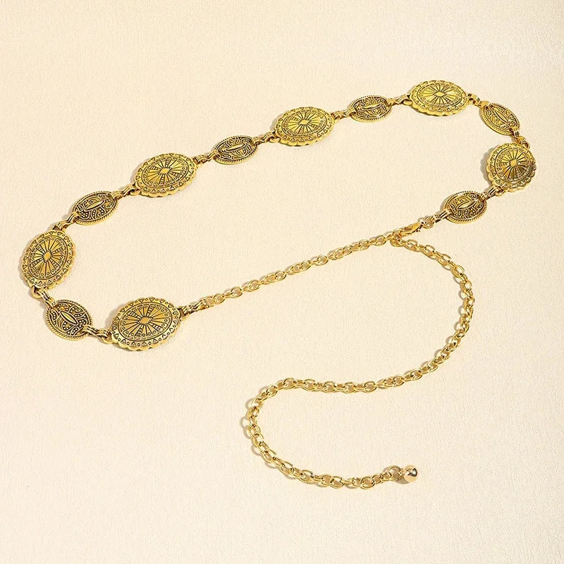 Retro style women's metal waist chain accessories Decorative circle carved chain belt high style accessories