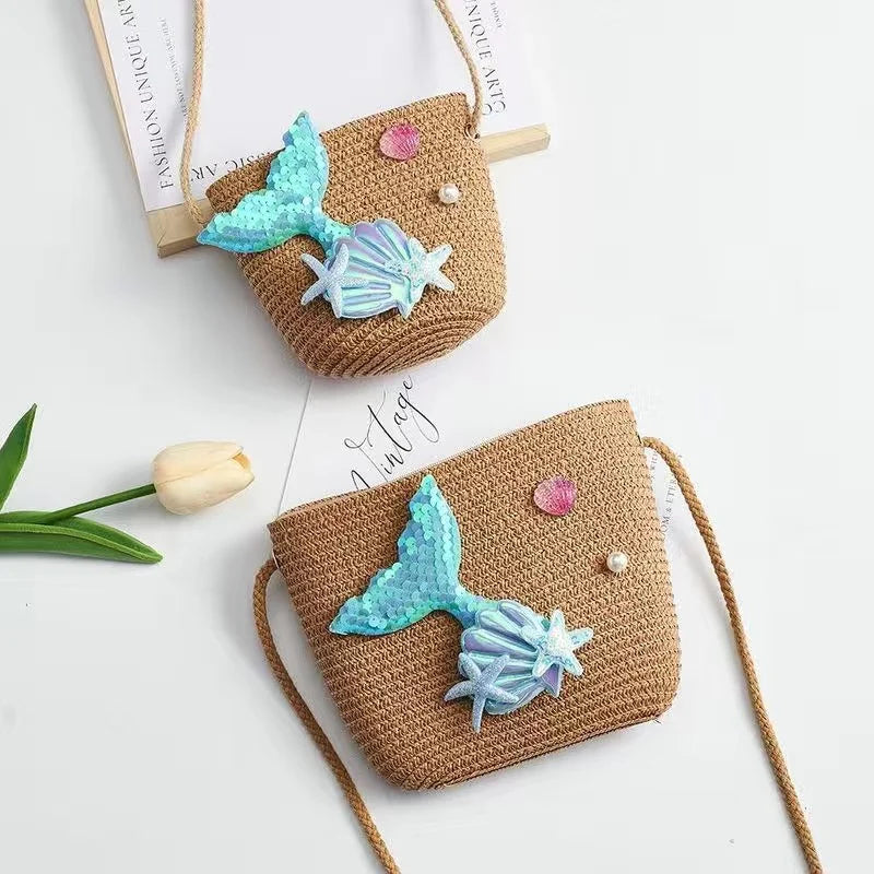 Cartoon Ocean Summer Children's Shoulder Bag Beach Straw Baby Kids Small Crossbody Bags Girls Princess Change Purse Handbags