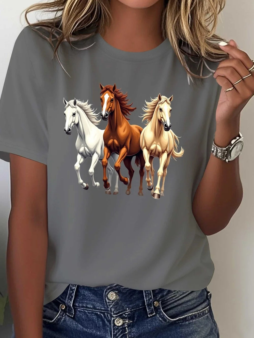 2026 New Women's Casual Short-Sleeve T-Shirt Vintage Horse Print Graphic Tee Summer Fashion High Quality Sports Women's Clothing (Copy)