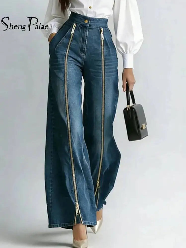 Women Denim Jeans High Waist Wide Leg Double Zipper Spliced Split Hem Vintage Streetwear Chic Autumn 2026