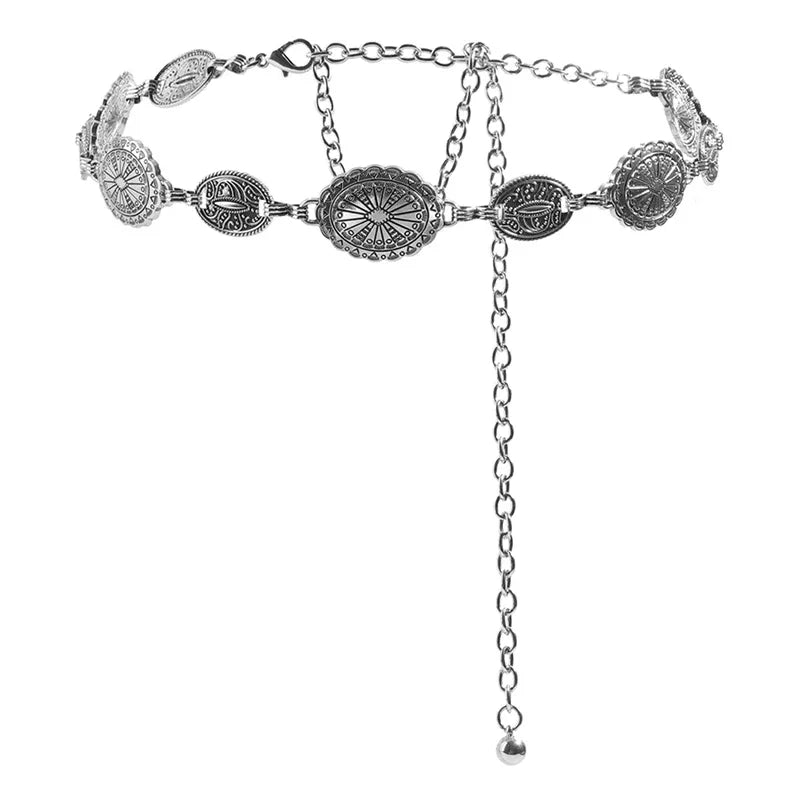 Retro style women's metal waist chain accessories Decorative circle carved chain belt high style accessories