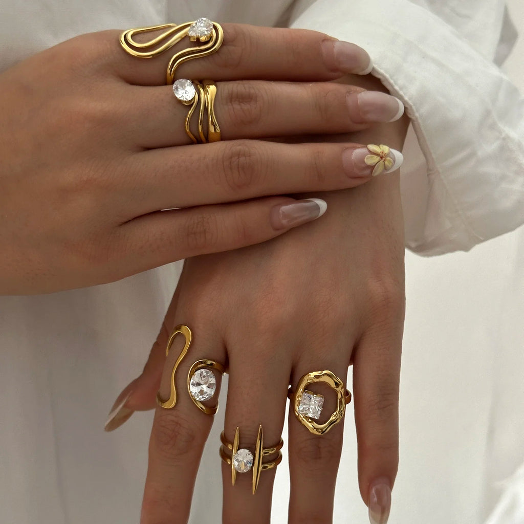 Abstract Winding Geometric Gold Ring for Women Waterproof Stainless Steel Liquid Metal Teardrop Zircon Ring Jewelry Gift