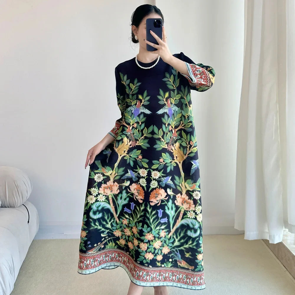 Miyake Vintage Print Dress Seven Sleeve Casual Dresses 2025 Summer New Outdoor Travel Holiday Essential Female Clothing Apparel
