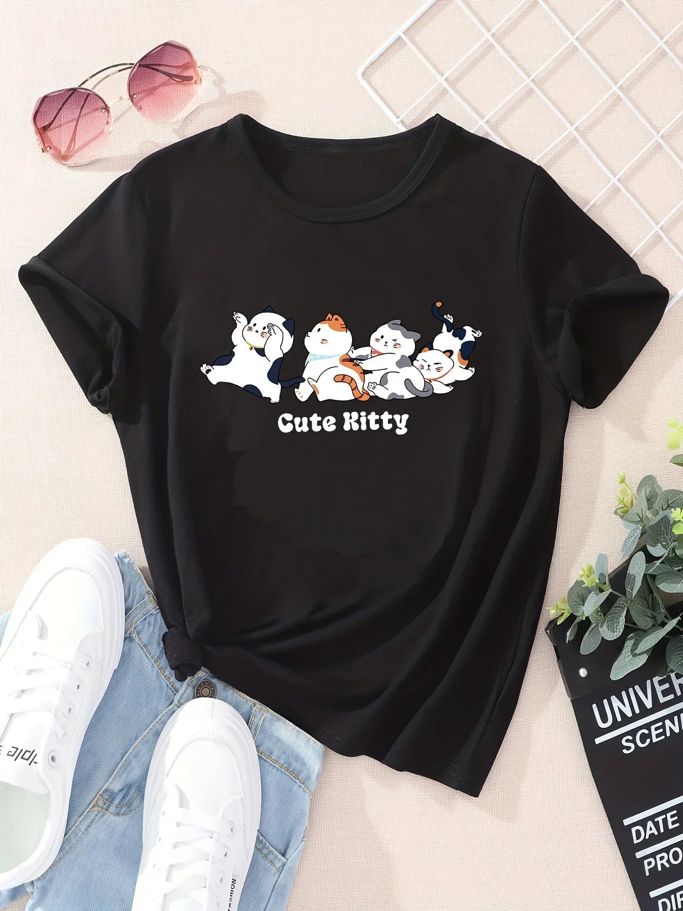 Cartoon Cats Print T-shirt Cute Crew Neck Short Sleeve Summer T-shirt Women's Clothing Vintage Personality Graphic T Shirts Y2K . Rumanglobalcraft