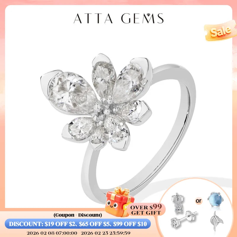 ATTAGEMS 925 Sterling Silver Luxury Women Ring Flowers D VVS1 Moissanite Pear-cut Engagement Band Anniversary Gift Fine Jewelry