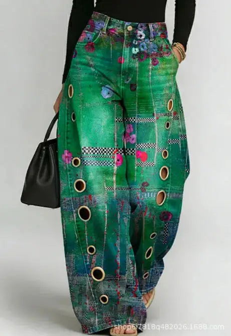 Printed Wide-Leg Pants with Circular Patterns High-Waisted Flowy Denim Trousers Rumanglobalcraft