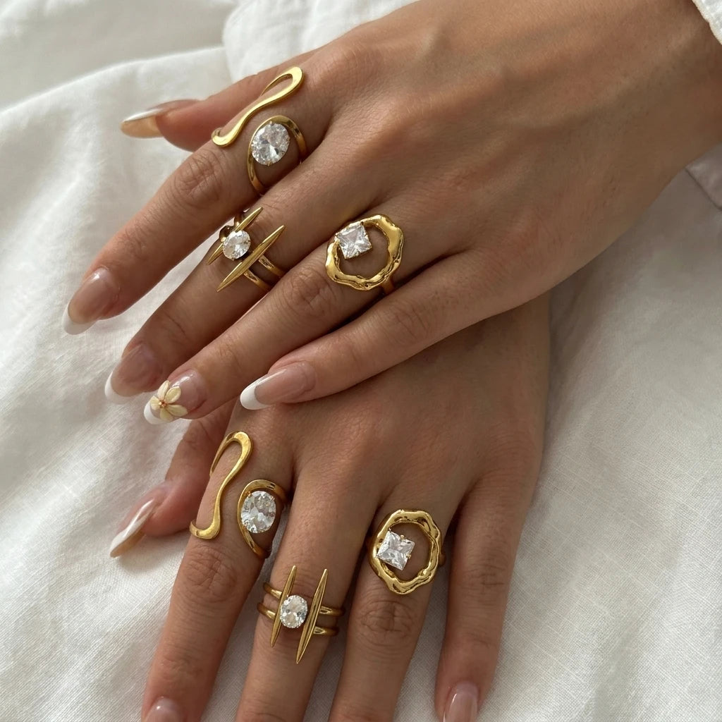 Abstract Winding Geometric Gold Ring for Women Waterproof Stainless Steel Liquid Metal Teardrop Zircon Ring Jewelry Gift