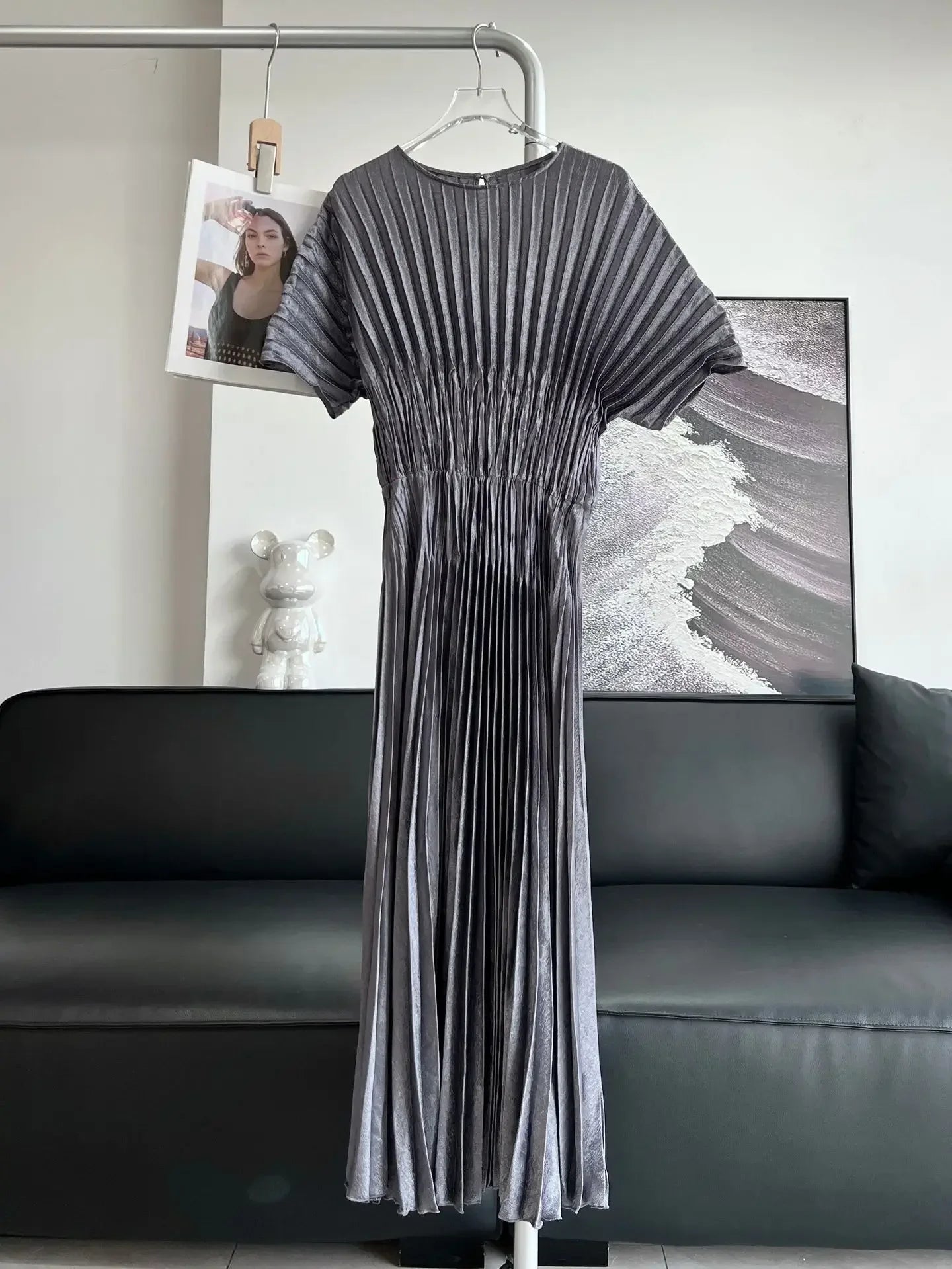 Miyake Pleated Butterfly Sleeves Solid Color Elegant Slim Dress Women's Print Long Dress Beautiful Long Dresses 2024 Summer New