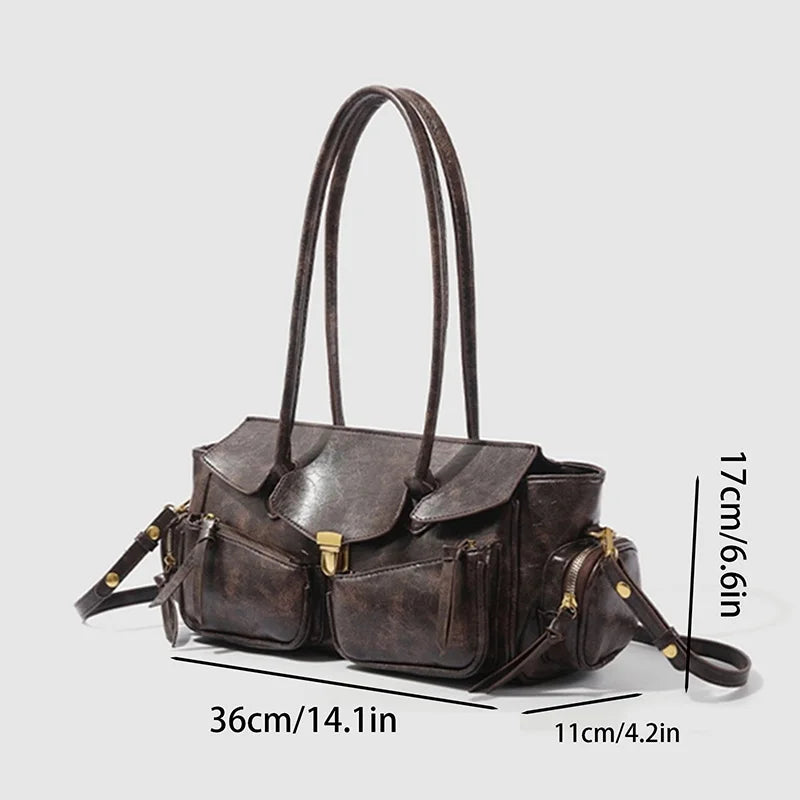 Vintage Underarm Bag For Girl Versatile Handbag Multi-pocket Motorcycle Bag Luxury Designer Handbag Spaghetti Strap Leather Bag