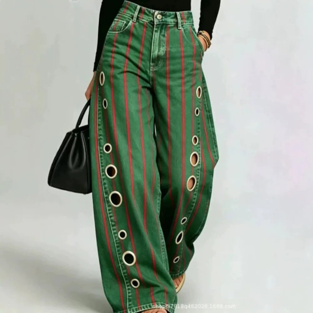 Printed Wide-Leg Pants with Circular Patterns High-Waisted Flowy Denim Trousers Rumanglobalcraft