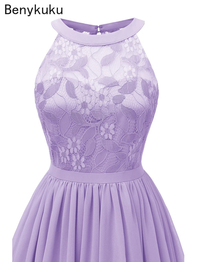 Sweet Lilac Lace Chiffon Pleated Dress Elegant High Waist Women Midi Dresses 2026 Summer Sleeveless Vintage Evening Party Dress