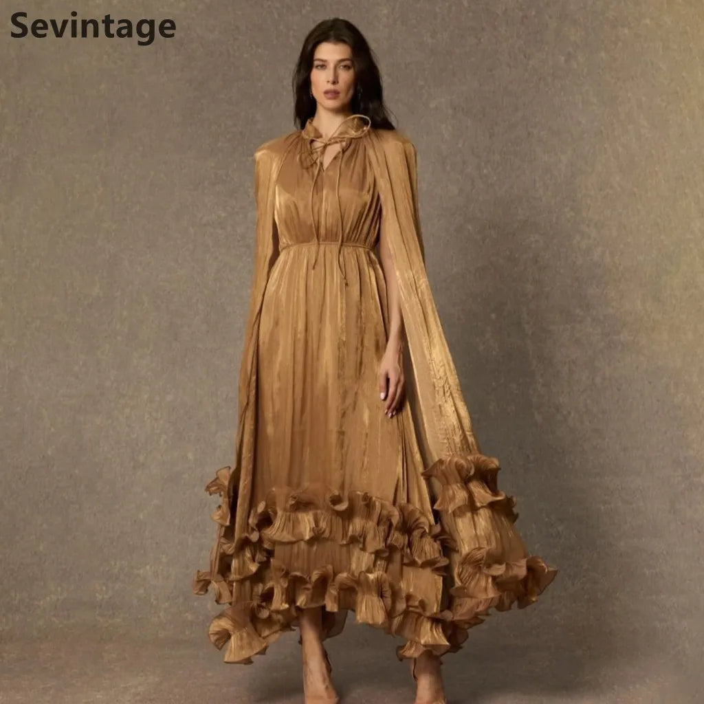 Eightale 2025 Gold A Line Tea Length Silk Evening Dress Ruffles Formal Prom Dress Dubai Wedding Party Gown.