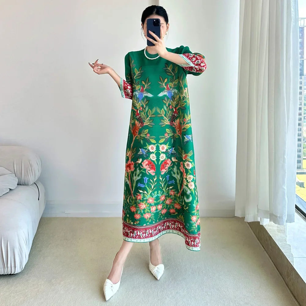 Miyake Vintage Print Dress Seven Sleeve Casual Dresses 2025 Summer New Outdoor Travel Holiday Essential Female Clothing Apparel