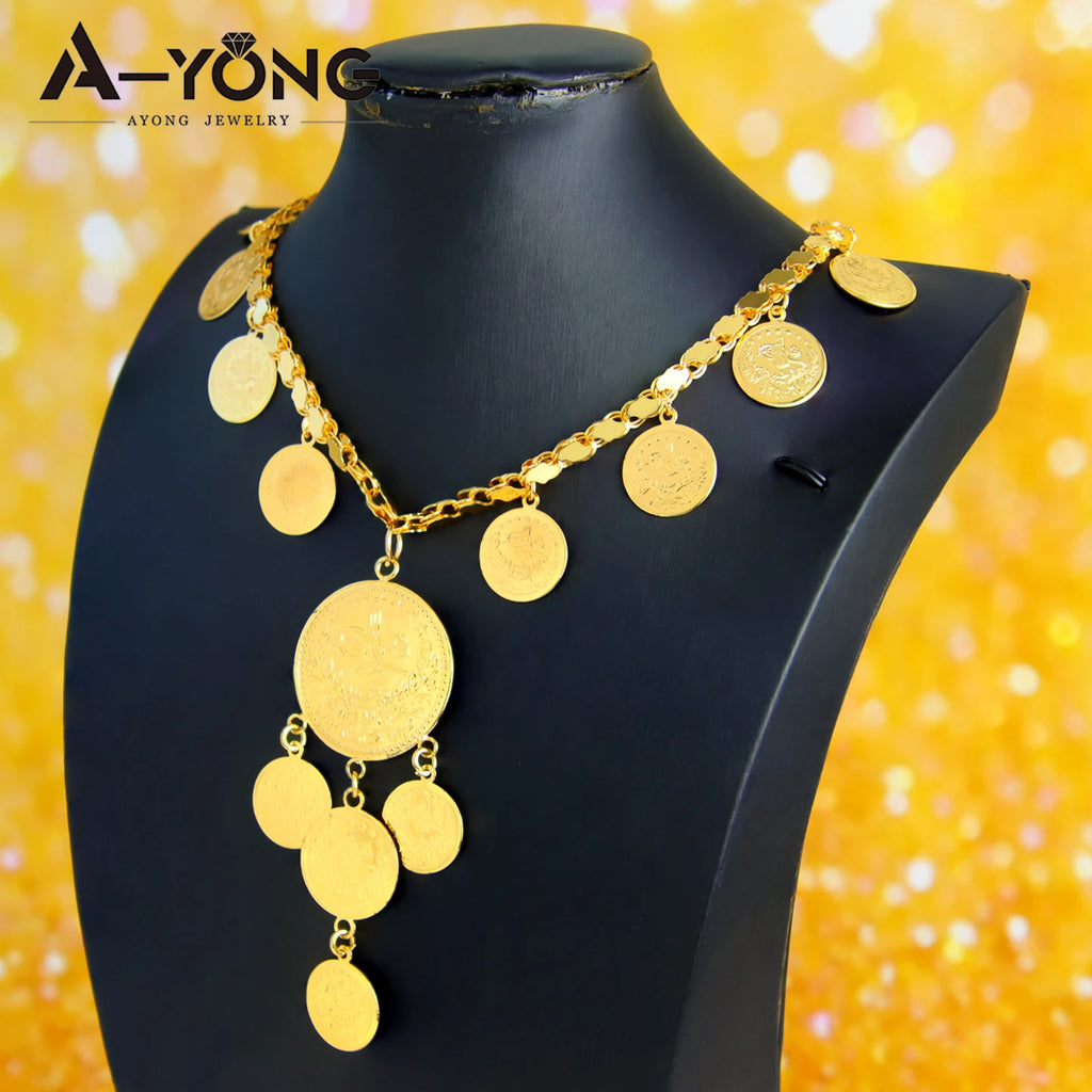Delicate Algeria Wedding Long Necklace 21k Gold Plated Turkish Coins Charm Chokers Arabic Islamic Women Bridal Vintage Jewelry