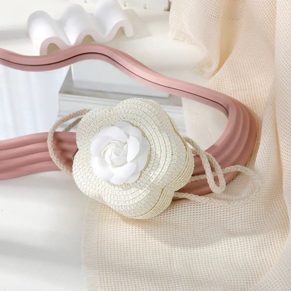 Durable Straw Crossbody Bag Flower Small Coin Purse Handbag Girls Kids