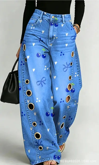 Printed Wide-Leg Pants with Circular Patterns High-Waisted Flowy Denim Trousers Rumanglobalcraft