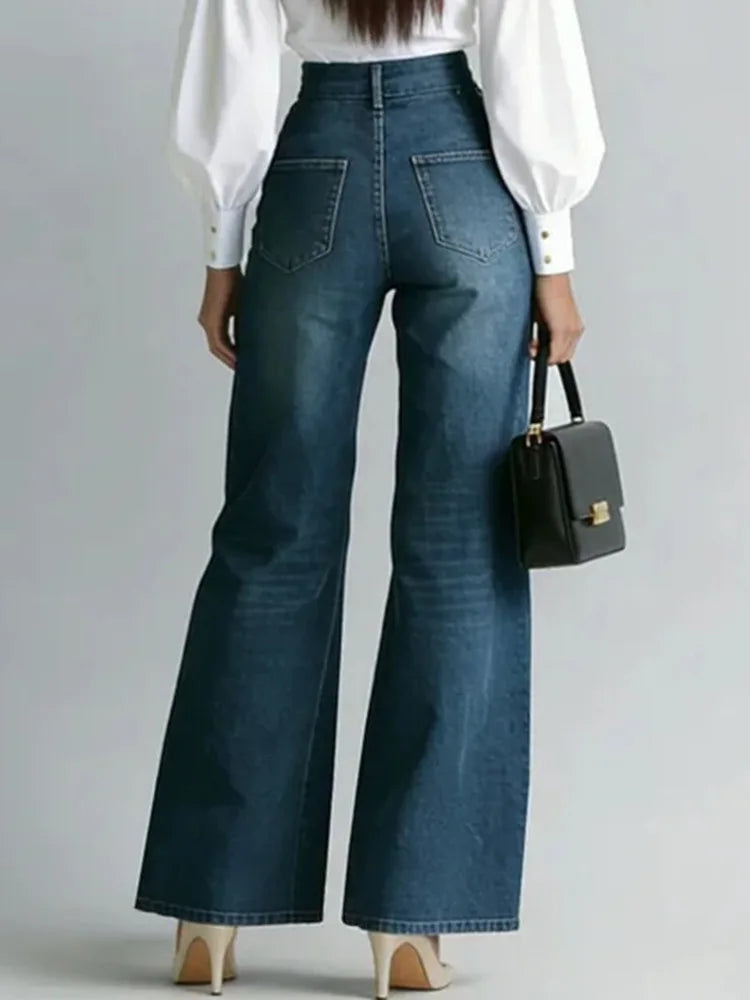 Women Denim Jeans High Waist Wide Leg Double Zipper Spliced Split Hem Vintage Streetwear Chic Autumn 2026