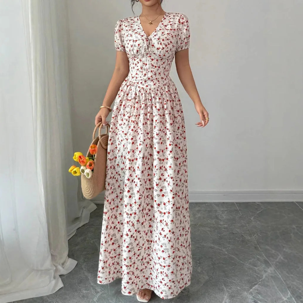 Women Summer Floral Print V Neck Short Sleeve Party Long Dress Rumanglobalcraft