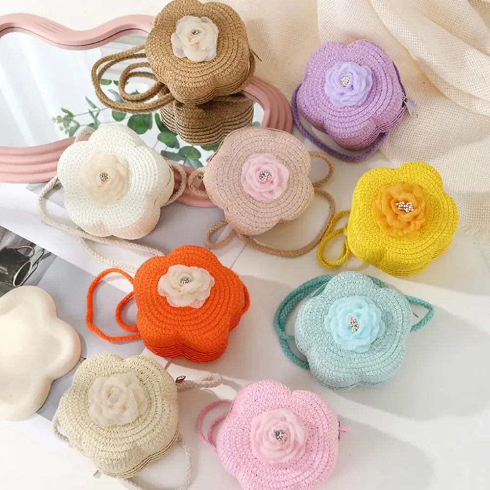 Durable Straw Crossbody Bag Flower Small Coin Purse Handbag Girls Kids