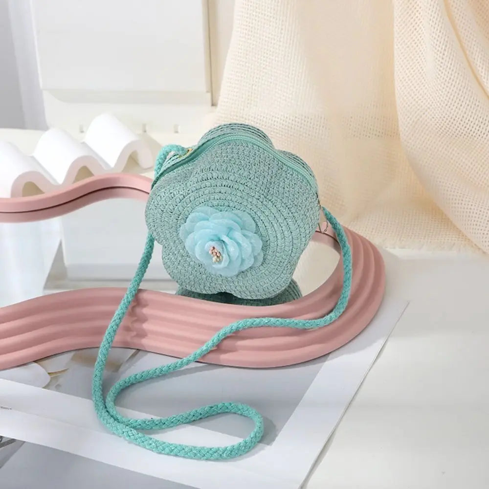 Durable Straw Crossbody Bag Flower Small Coin Purse Handbag Girls Kids