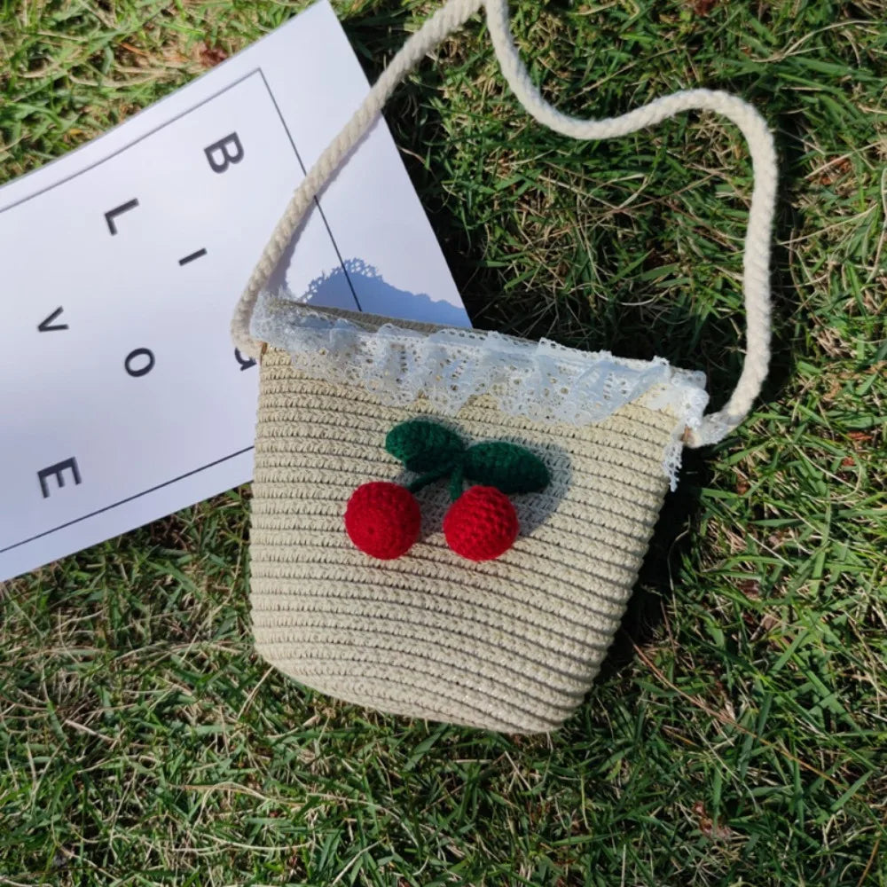 Mini Handmade Straw Crossbody Bags Summer Shoulder Messenger Handbag Baby Lovely Flower Kids Keys Coin Purse Bags for Children