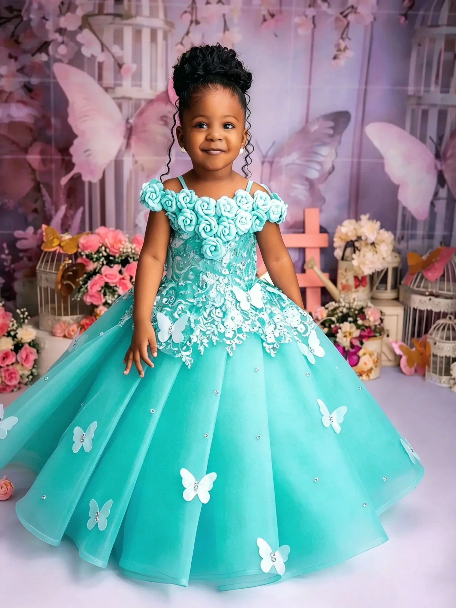 Customized Pink Flower Girl Dresses For Wedding Appliques Butterflies Pearls Cute Kids Birthday Party First Communion Gown.