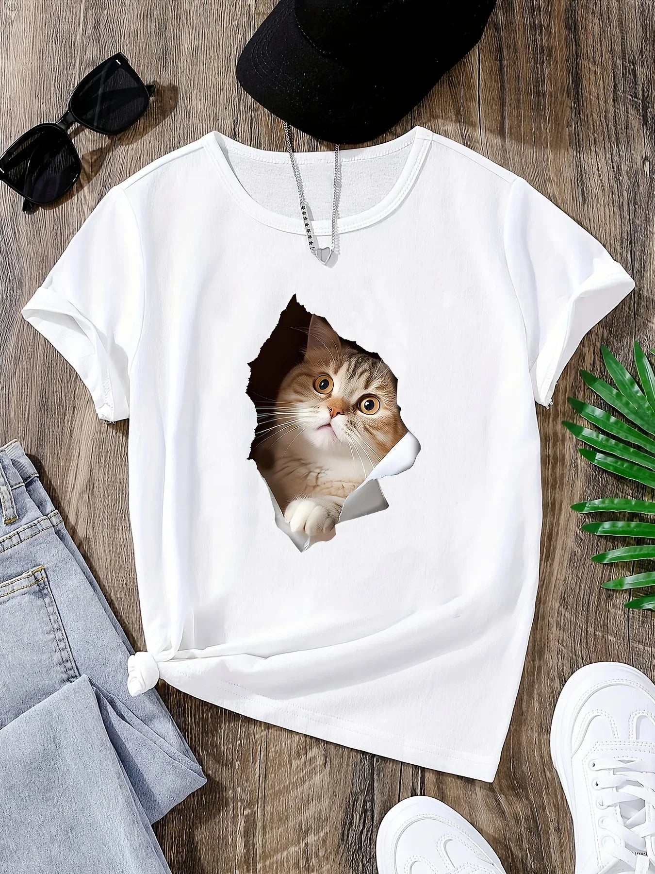 Cartoon Cats Print T-shirt Cute Crew Neck Short Sleeve Summer T-shirt Women's Clothing Vintage Personality Graphic T Shirts Y2K .
