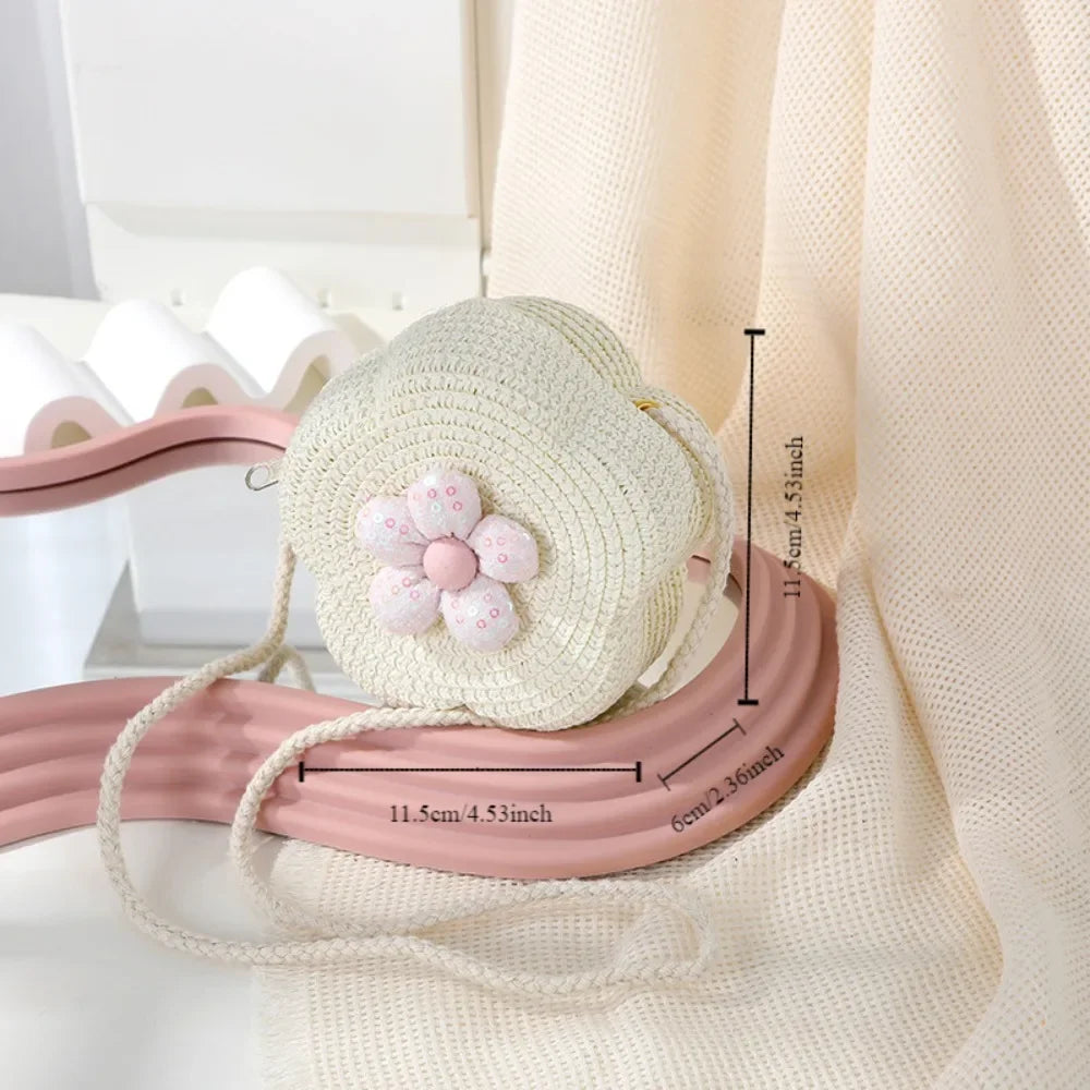 Durable Straw Crossbody Bag Flower Small Coin Purse Handbag Girls Kids