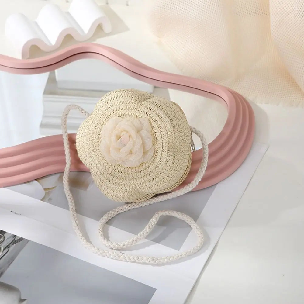 Durable Straw Crossbody Bag Flower Small Coin Purse Handbag Girls Kids