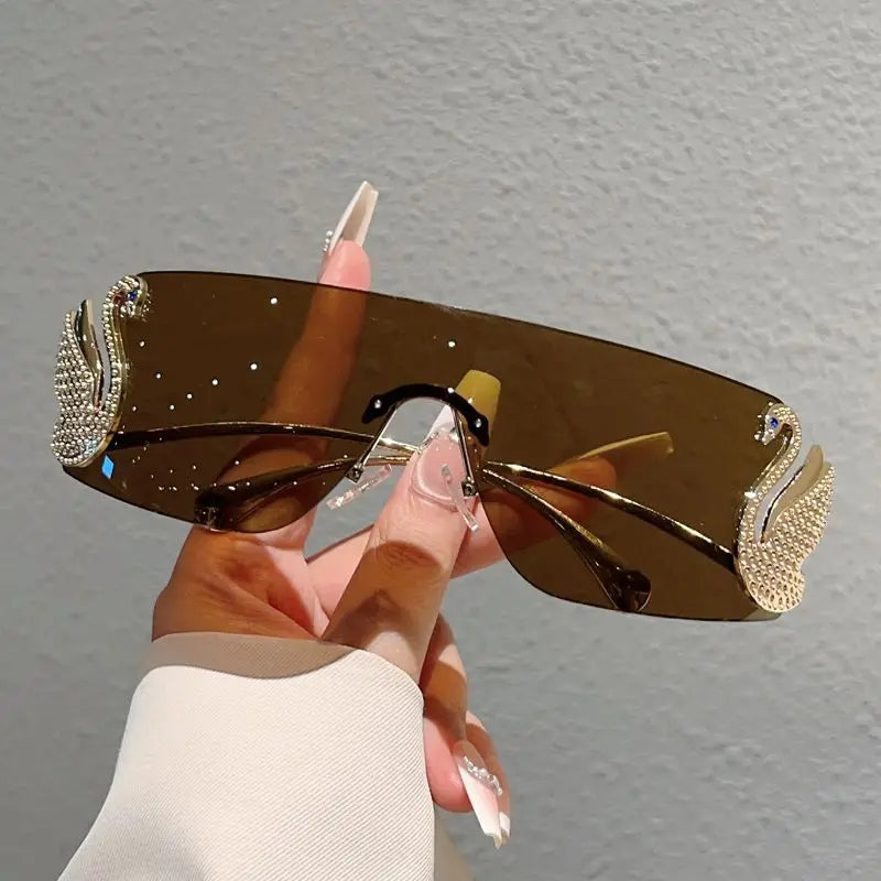 Luxury Swan Rhinestone Rimless Sunglasses Oversized Shield Sun Glasses with UV400 Fashion Shades Decorative Eyewear for Women