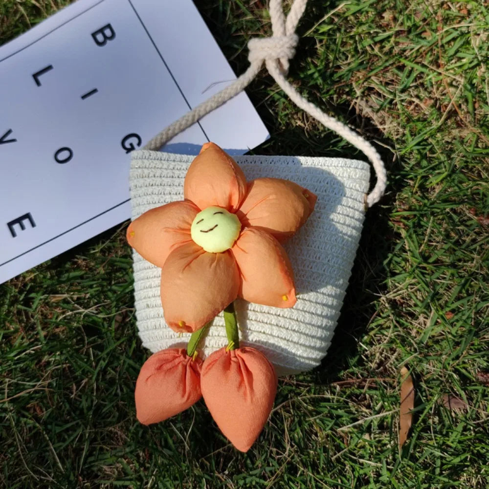 Mini Handmade Straw Crossbody Bags Summer Shoulder Messenger Handbag Baby Lovely Flower Kids Keys Coin Purse Bags for Children