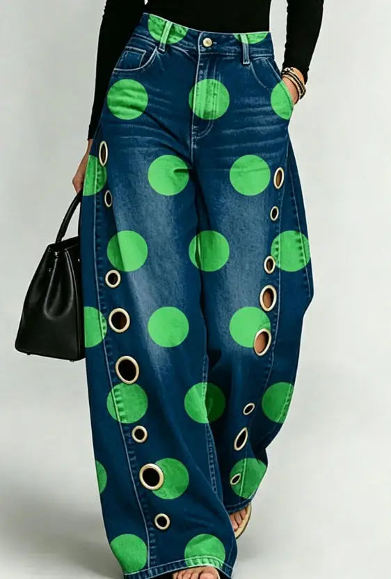Printed Wide-Leg Pants with Circular Patterns High-Waisted Flowy Denim Trousers Rumanglobalcraft