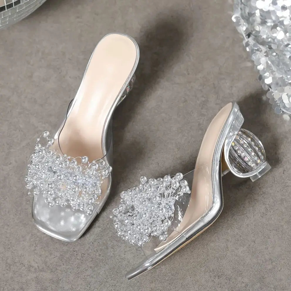 Aneikeh 2026 New Women's Water Diamond Flower Sandals with Transparent Thick Bottom Party Dress PVC Slippers Mules High Heels