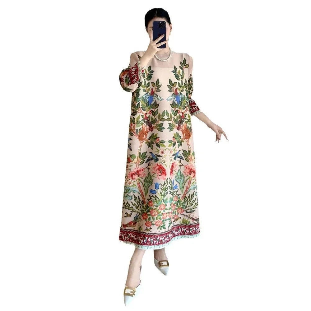 Miyake Vintage Print Dress Seven Sleeve Casual Dresses 2025 Summer New Outdoor Travel Holiday Essential Female Clothing Apparel